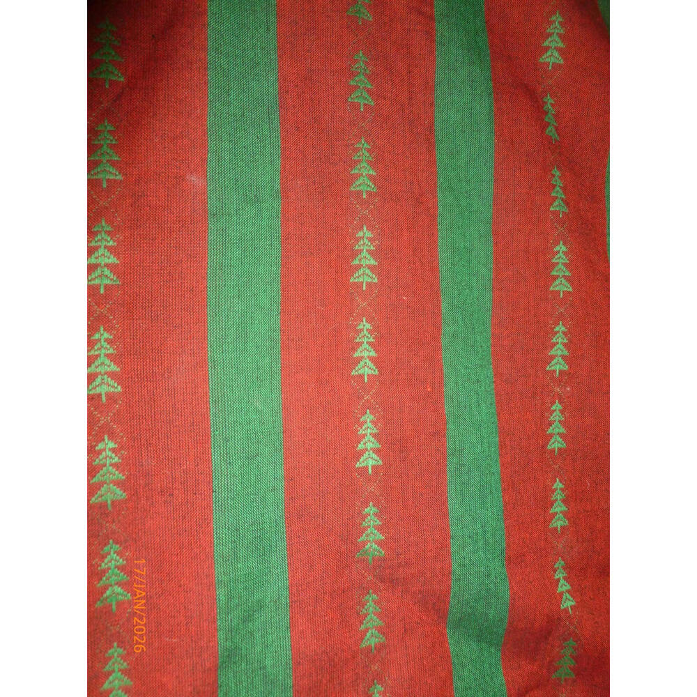 Vintage Christmas Tree Embroidered Red Green Striped Holiday Fabric Remnant